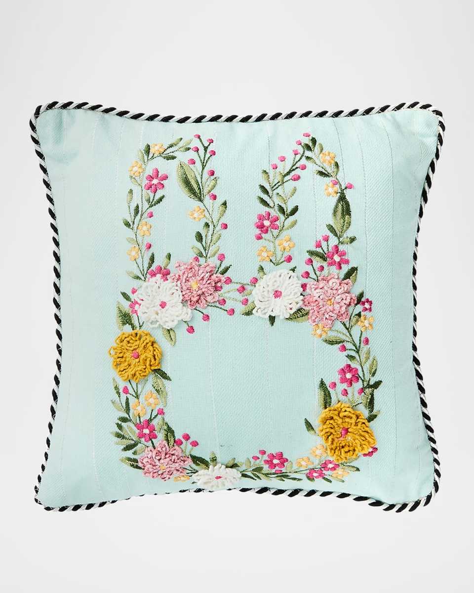 Floral Bunny Embroidered Throw Pillow, 12" Square